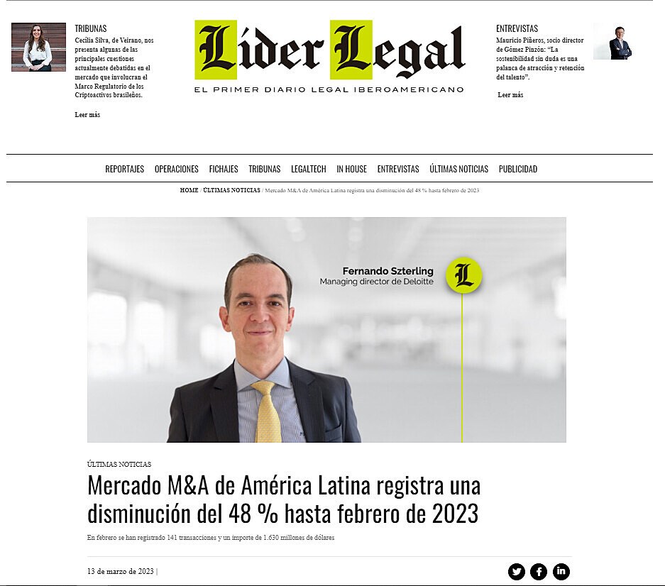 Mercado M&A de Amrica Latina registra una disminucin del 48% hasta febrero de 2023
